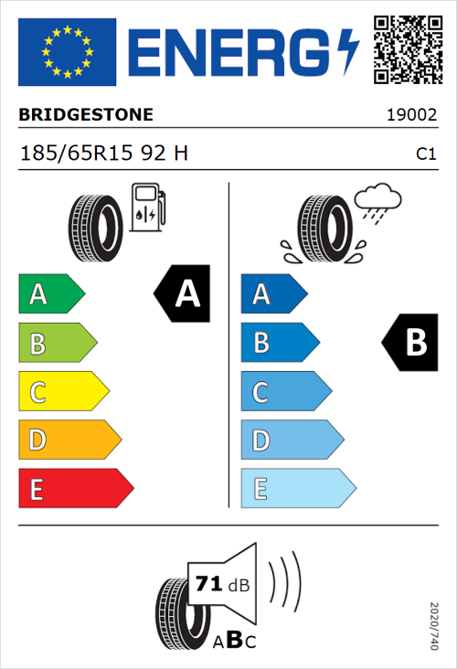 Tyre Label for Bridgestone Turanza Eco 185/65R15 92H