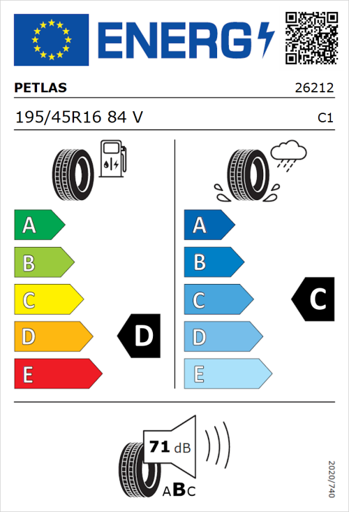 Tyre Label for Petlas Velox Sport PT741 195/45R16 84V