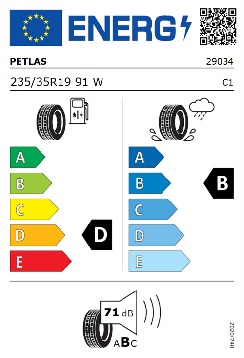 Tyre Label for Petlas Velox Sport PT741 235/35R19 91W