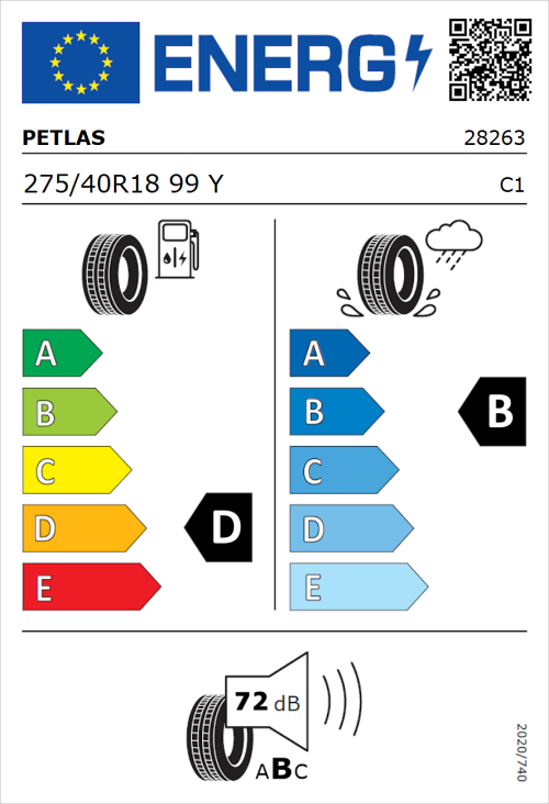 Tyre Label for Petlas Velox Sport PT741 275/40R18 99Y