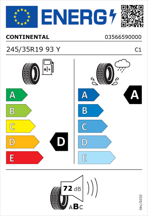 Tyre Label for Continental SportContact 6 245/35R19 93Y
