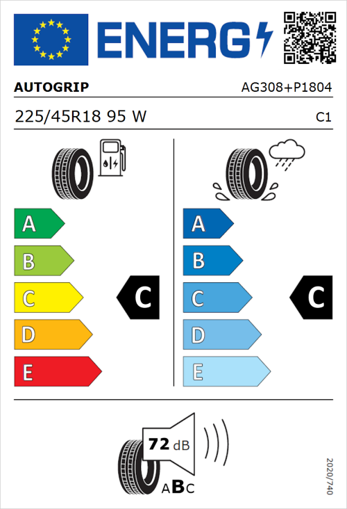 Tyre Label for Autogrip P308 Plus 225/45R18 95W